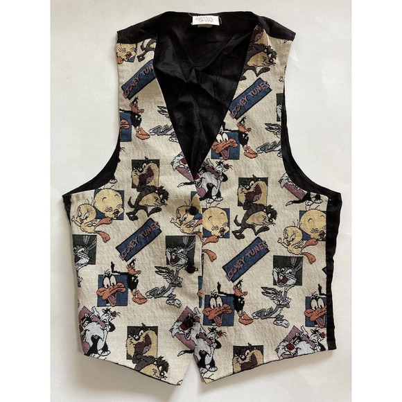 Vintage Looney Tunes Tapestry Vest 1996 Cartoon Tweety Bird Daffy Duck Retro - Picture 1 of 4